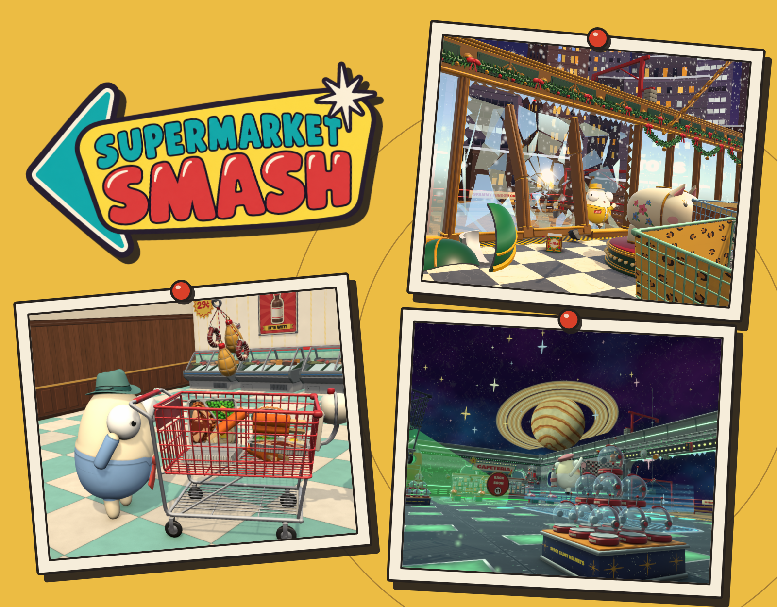 Supermarket Smash: egg shoppers, giant carts, and chaos across the store.