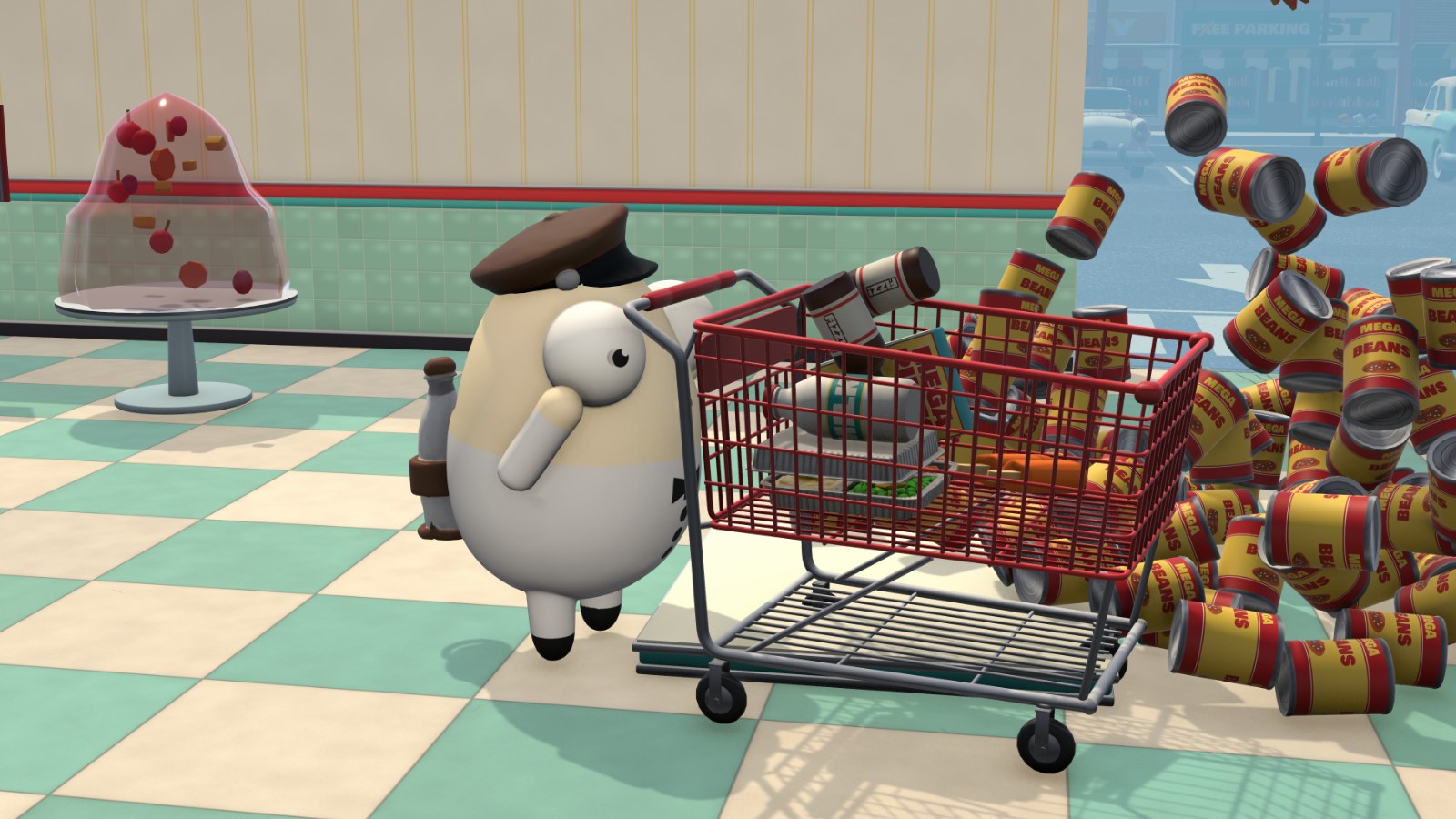 An egg milkman crashes a shopping cart into a pyramid of Mega Beans cans.